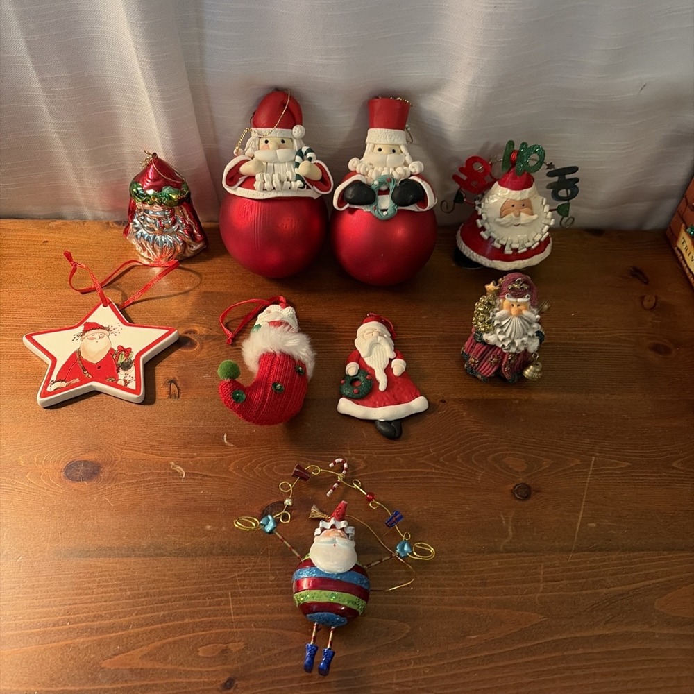 LOT OF 9 UNIQUE SANTA THEME CHRISTMAS ORNAMENTS